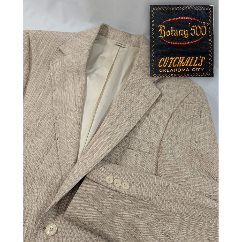 80s Vintage Botany 500 Beige 100% Silk Burlap Blazer Satin Ivory Slim 40R 40"